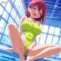 best quality, absurdres, anime coloring, official art, megami magazine, explicit, uncensored, 1girl, solo, large breasts, shortstack, oppai loli, loli, narrow waist, sitting, knees apart feet together, dutch angle, light green competition swimsuit, girl is half-closed eyes, smile, torogao., indoors, pool