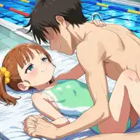 best quality, absurdres, anime coloring, official art, megami magazine, explicit, 1girl, 1boy, (loli, child, toddlercon:2), small breasts, from side, girl is on back, boy is kneeling, full body, face-to-face, looking at another. boy is faceless male. girl's arm is interlocked fingers. boy is pushing down, boy's hand on girl's hand., girl is light green competition swimsuit. embarrassed, blush, half-closed eyes, seductive smile, come hither, indoors, pool