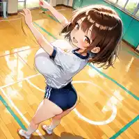masterpiece, best quality, highres, absurdres, (watercolor \(medium\):2), explicit, 1girl, solo, mature female, large breasts, shortstack, oppai loli, loli, narrow waist, looking at viewer, dancing, from behind, from above, dutch angle, buruma, white short sleeve shirt, girl is smile, ., indoors, school gym