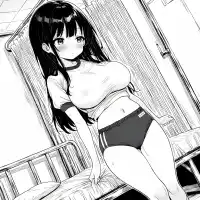 greyscale, lineart, graphite \(medium\), hatching \(texture\), halftone, screentones, explicit, 1girl, solo, large breasts, shortstack, oppai loli, loli, narrow waist, standing, dutch angle, buruma, girl is torogao., infirmary, bed