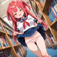 best quality, absurdres, anime coloring, official art, explicit, 1girl, solo, large breasts, shortstack, oppai loli, loli, narrow waist, looking at viewer, sitting, skirt lift, She is lifting her skirt with both hands, her fingers gripping the fabric of the skirt as she raises it., dutch angle, serafuku, lowleg striped panties, naughty face, indoors, library