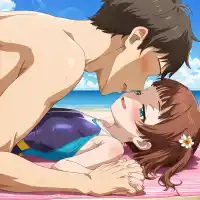 masterpiece, best quality, highres, absurdres, anime coloring, official art, megami magazine, explicit, 1girl, 1boy, (loli, child, toddlercon:1.5), small breasts, from side, girl is on back, upper body, face-to-face, looking at another. boy is faceless male. girl's arm is interlocked fingers. boy is pushing down, boy's hand on girl's hand., girl is competition swimsuit . embarrassed, blush, half-closed eyes, seductive smile, come hither, beach