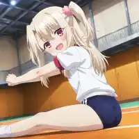 best quality, absurdres, anime coloring, official art, explicit, 1girl, solo, (loli, child, toddlercon:2), illyasviel von einzbern, fate/kaleid liner prisma illya, small breasts. boy is emiya shirou., looking at viewer, sitting, stretching, from side, from below, buruma, white short sleeve shirt, girl is half-closed eyes, happy, ., indoors, sports court
