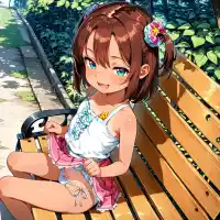 best quality, absurdres, anime coloring, official art, explicit, 1girl, solo, (loli, child, toddlercon:3), small breasts, one-piece tan, looking at viewer, sitting, skirt lift, She is lifting her skirt with both hands, her fingers gripping the fabric of the skirt as she raises it., from behind, from above, dutch angle, school uniform, side-tie panties, seductive smile, come hither, outdoors, tree, bench