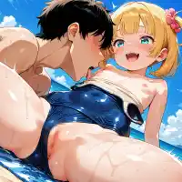 best quality, absurdres, anime coloring, official art, explicit, uncensored, 1girl, 1boy, (loli, child, toddlercon:2), small breasts, boy is licking girl's nipple., faceless male, from behind, from below, dutch angle, girl is school swimsuit . girl is happy, ., beach