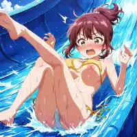 masterpiece, best quality, highres, absurdres, anime coloring, official art, megami magazine, explicit, 1girl, solo, mature female, large breasts, shortstack, oppai loli, loli, narrow waist, tanlines, breast slip, accidental exposure, wardrobe malfunction, untied bikini top, untied bikini bottom, embarrassed, surprised, blush, water slide