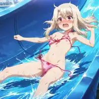 masterpiece, best quality, highres, absurdres, anime coloring, official art, explicit, 1girl, solo, (loli, child, toddlercon:2), illyasviel von einzbern, fate/kaleid liner prisma illya, small breasts. boy is emiya shirou., breast slip, accidental exposure, wardrobe malfunction, untied bikini top, untied bikini bottom, embarrassed, surprised, blush, water slide