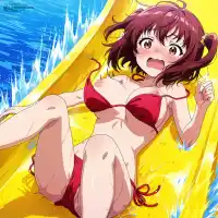 best quality, absurdres, anime coloring, official art, megami magazine, explicit, 1girl, solo, large breasts, shortstack, oppai loli, loli, narrow waist, breast slip, accidental exposure, wardrobe malfunction, untied bikini top, untied bikini bottom, embarrassed, surprised, blush, water slide