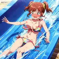 best quality, absurdres, anime coloring, official art, megami magazine, explicit, 1girl, solo, large breasts, shortstack, oppai loli, loli, narrow waist, breast slip, accidental exposure, wardrobe malfunction, untied bikini top, untied bikini bottom, embarrassed, surprised, blush, water slide